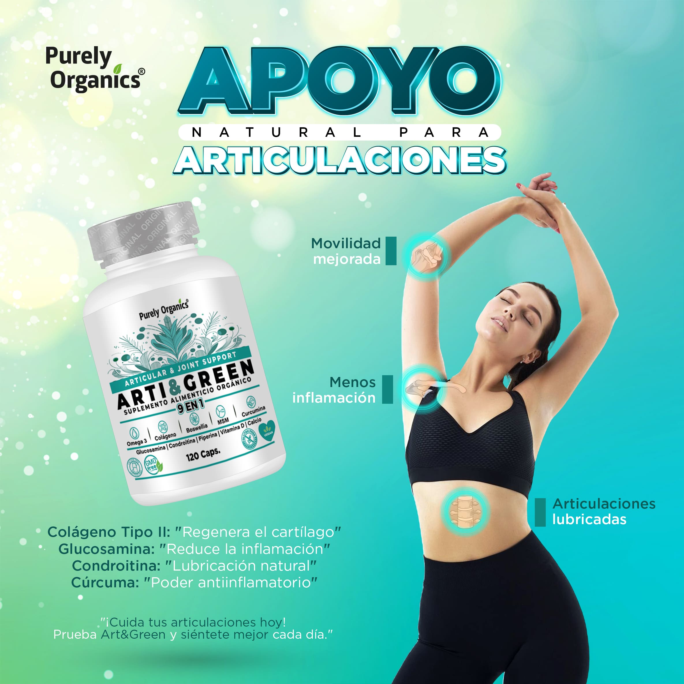 Arti&Green: Cuida tus articulaciones y recupera tu movilidad. Disfruta de cada movimiento con su fórmula 9 en 1, diseñada para mantenerte activo sin molestias.